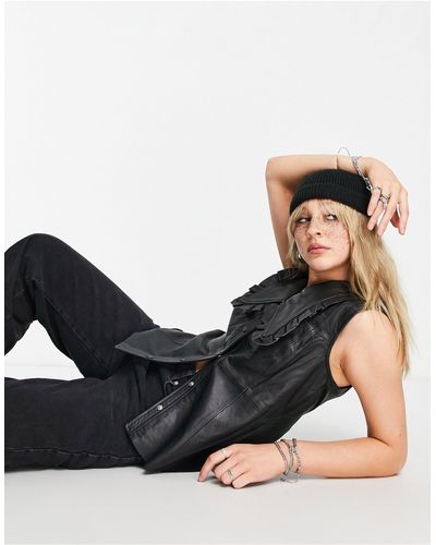 Object Leather Sleeveless Shirt With exaggerated Collar - Black