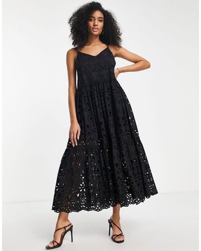 ASOS Strappy Cami Tiered Broderie Maxi Dress - Black