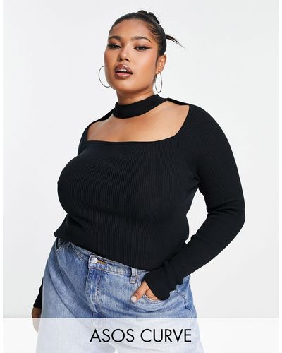 ASOS Asos Design Curve Knitted Top With Cut Out Neck Detail - Blue