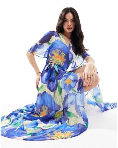 Hope & Ivy Ruffle Wrap Midi Dress - Blue