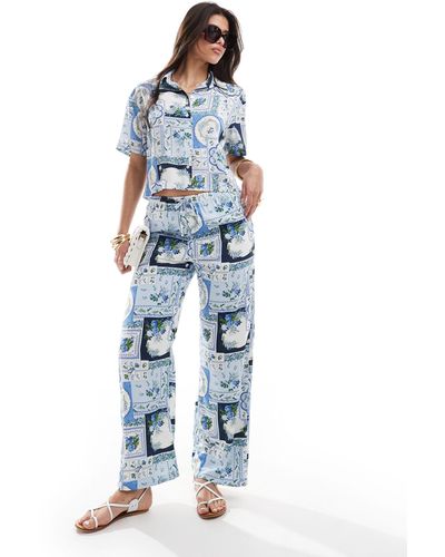 Abercrombie & Fitch Co-ord Tile Print Satin Trouser - Blue