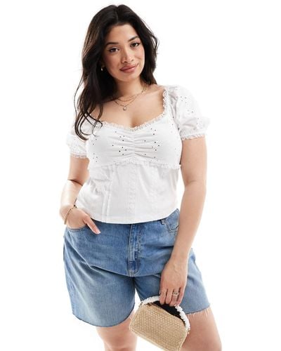 ASOS Asos Design Curve Puff Sleeve Broderie Milkmaid Top - White