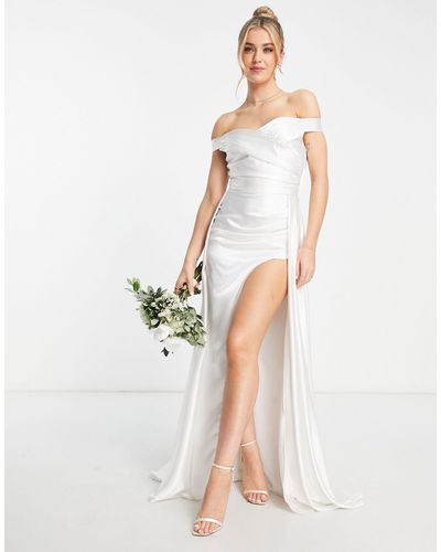 Yaura Bridal Bardot Drape Maxi Dress - White