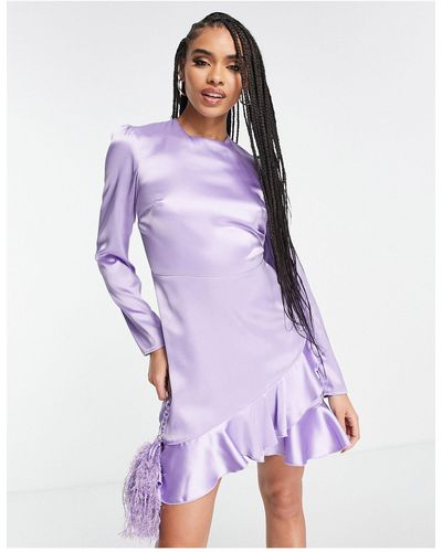 Flounce London Satin Long Sleeve Wrap Mini Dress - Purple