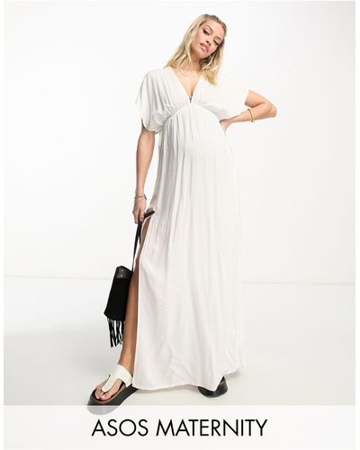 ASOS Asos Design Maternity Flutter Sleeve Maxi Beach Dress With Channeled Tie Waist - Natural