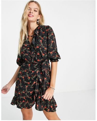 TOPSHOP Mini-jurk Met Overslag En Klimoprozenprint - Zwart