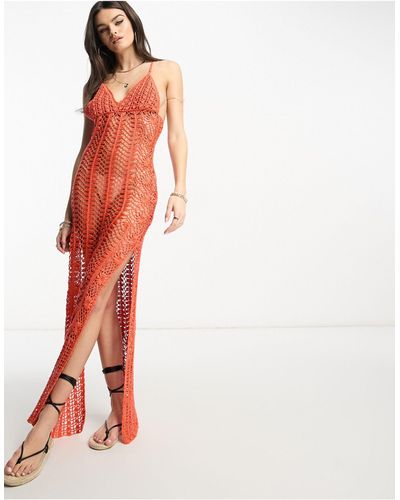 Flook Premium - ayla - robe d'été estivale longue en maille crochetée - corail - Orange