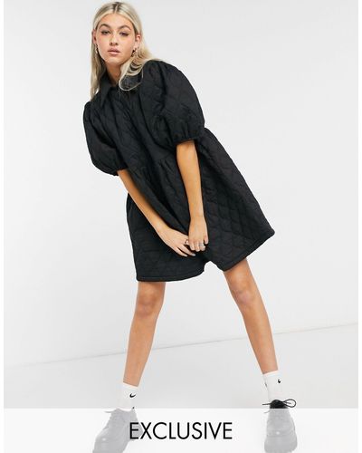 Collusion Quilted Smock Mini Dress With Collar - Black