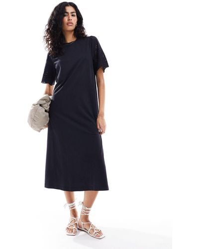 Y.A.S Jersey Maxi T-shirt Dress With Broderie Sleeves - Blue
