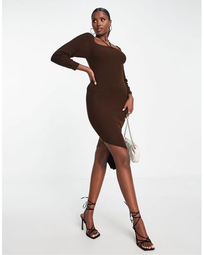 Fashionkilla Knitted Halterneck Ruched Sleeve Midi Dress - Brown