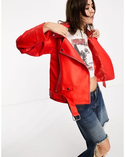 Noisy May Oversized Biker Jacket - Red