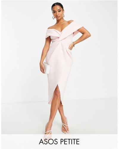 ASOS Asos Design Petite Off The Shoulder Front Twist Midi Dress - Pink