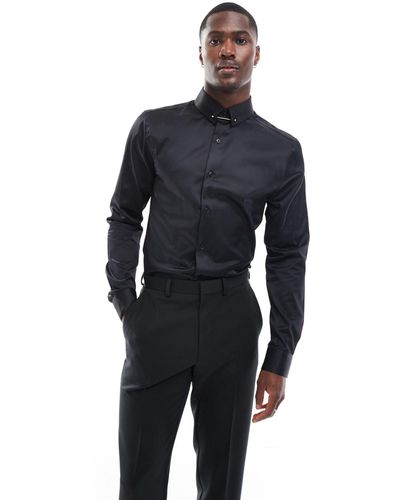 ASOS Long Sleeve Slim Shirt With Collar Bar Detail - Blue
