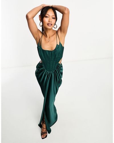 ASOS Corset Boned Satin Cut Out Maxi Dress With Draped Skirt - Green