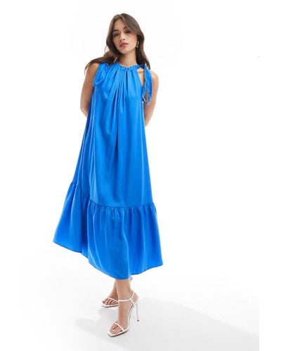 & Other Stories Tiered Hem Maxi Dress With Gathered Tie Neck Detail And Keyhole Back - Blue
