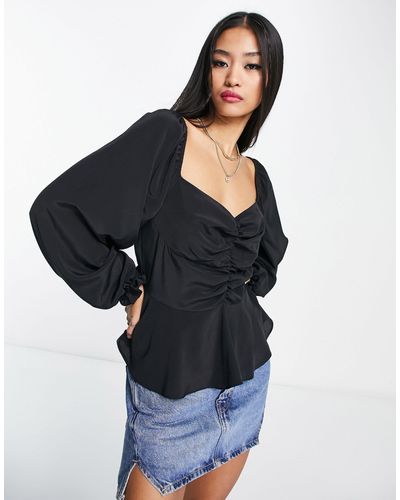 New Look Ruched Front Shirred Blouse - Black