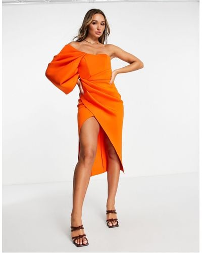 ASOS One Shoulder Wrap Tuck Pencil Midi Dress - Orange
