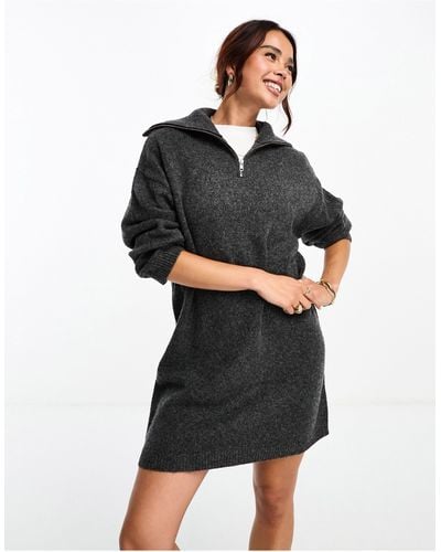 ASOS Knitted Sweater Mini Dress With Zip Neck - Black