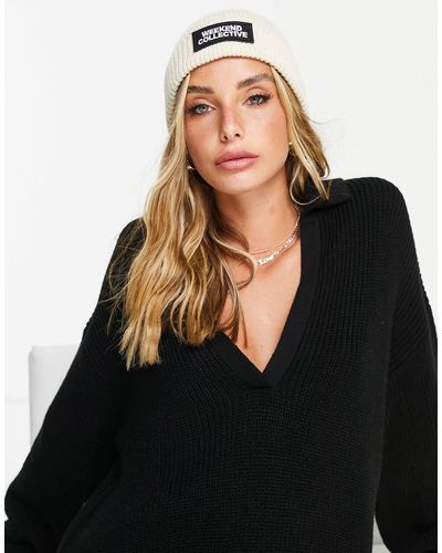 ASOS Asos Weekend Collective Turn Up Rib Beanie With Logo - Black