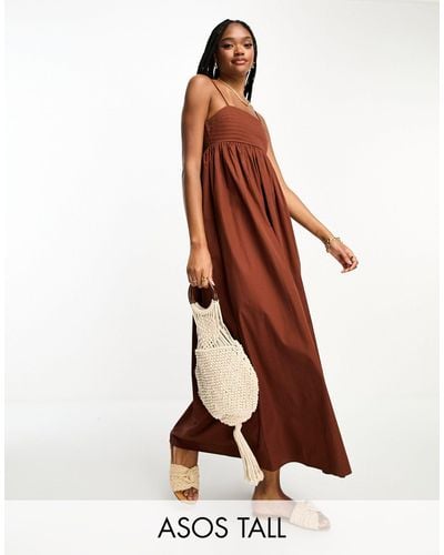 ASOS Asos Design Tall Cotton Pleat Bust Babydoll Midi Sundress - Brown