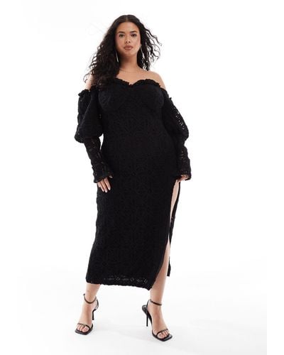 ASOS Curve Off Shoulder Crochet Bardot Midi Dress With Bow Back - Black