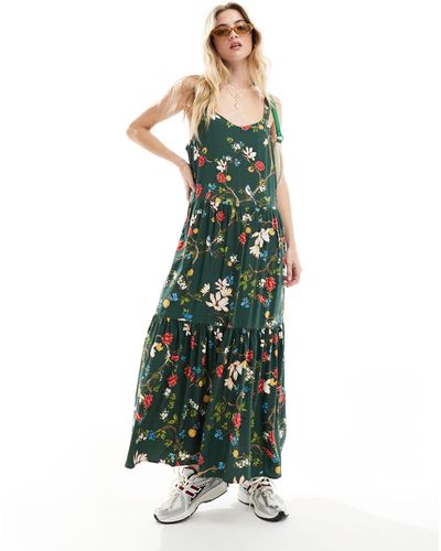 Superdry Robe longue étagée en textile tissé à motif fleurs et oiseaux - Vert