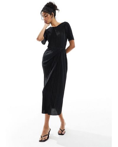 ASOS Short Sleeve Plisse Twist Skirt Midi Dress - Black