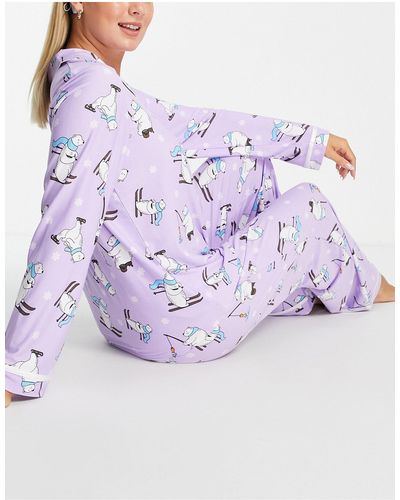 Loungeable Skiing Polar Bear Pajama Set - Purple