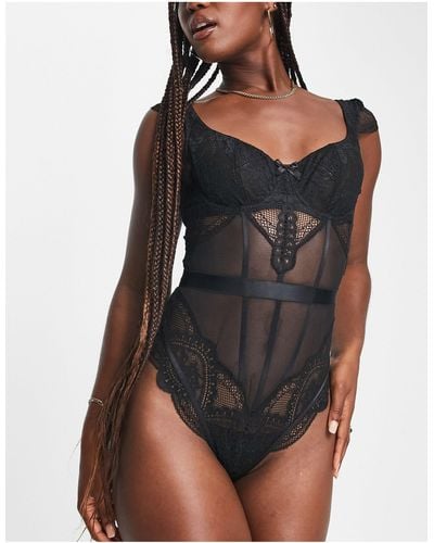 Hunkemöller Heira Lace And Mesh Underwire Bodysuit With Lace Strap Detail - Black