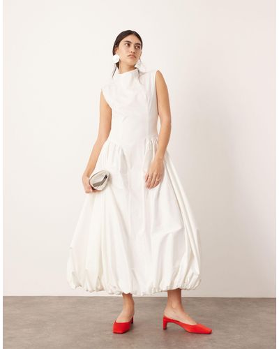 ASOS High Neck Drop Waist Puffball Midi Dress - White