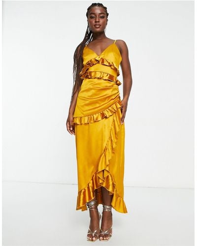 In The Style Exclusive Satin Asymmetric Ruffle Detail Maxi Dress - Yellow