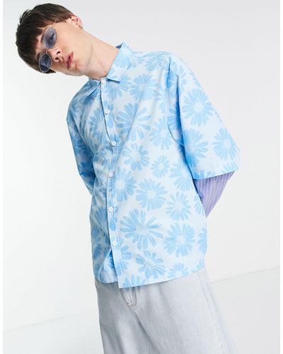 Collusion 2 In 1 Floral Summer Shirt In - Blue
