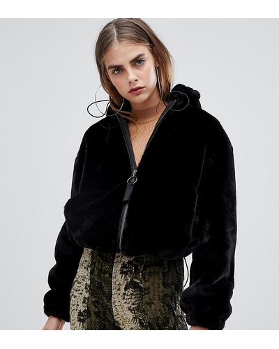 Bershka Faux Fur Hooded Jacket - Black