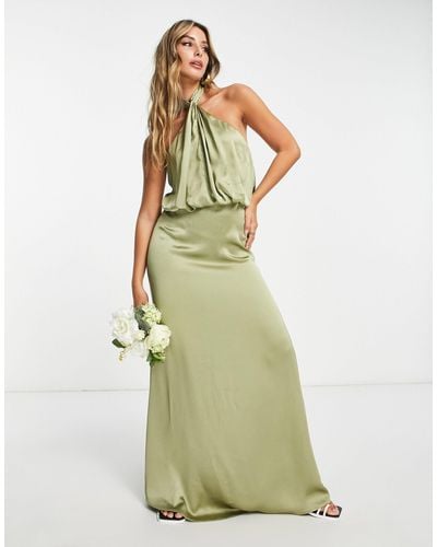 Pretty Lavish Bridesmaid Sammie Halter Neck Satin Maxi Dress - Green