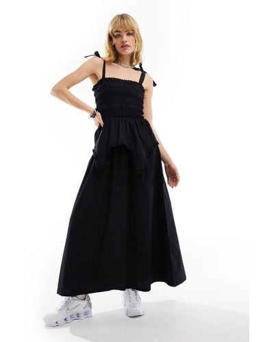 Collusion Cotton Shirred Maxi Dress With Corset Detail - Black