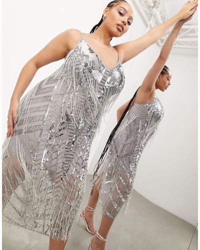 ASOS Curve Sequin And Fringe Artwork Cami Midi Dress - Metallic