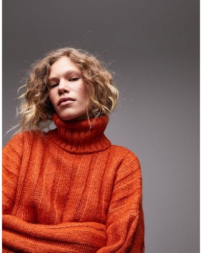 TOPSHOP Knitted Roll Neck Wide Rib Sweater - Orange
