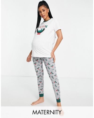 Threadbare Maternity Merry Christmas Varsity Long Pajamas - White