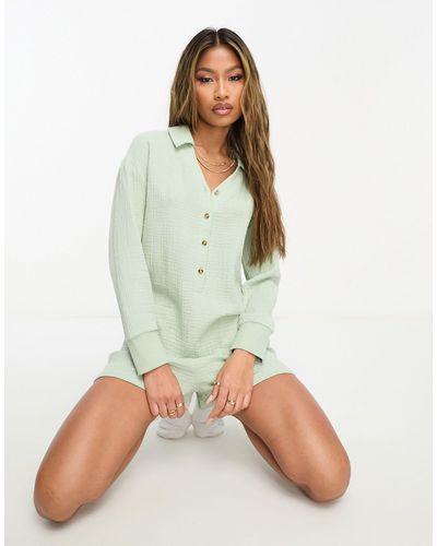 Chelsea Peers Button Front Long Sleeve Romper With Pocket Detail - Green