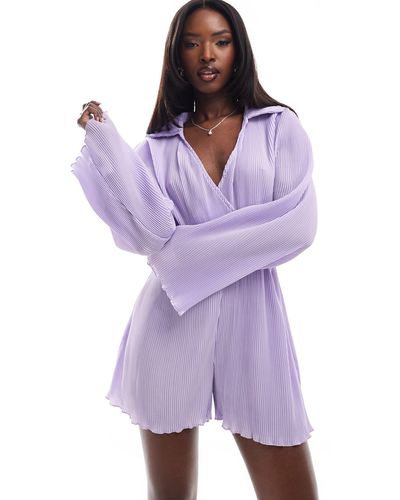 In The Style Exclusive Plisse Long Sleeve Wrap Shirt Playsuit - Purple