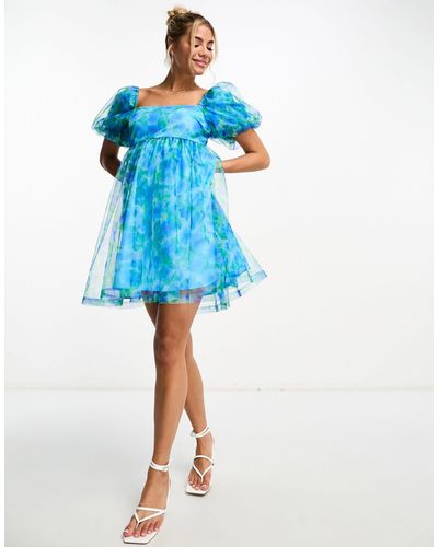 Monki Puff Sleeve Mini Dress - Blue