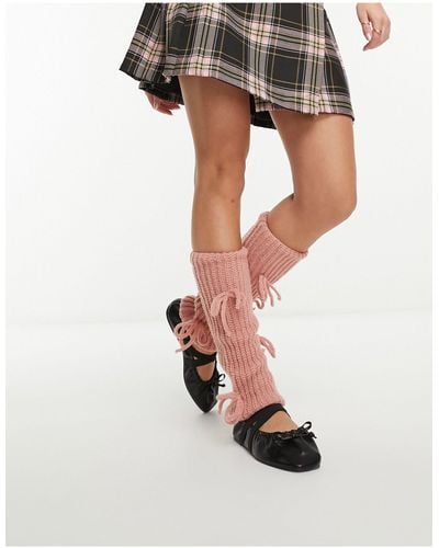 Daisy Street Knitted Leg Warmers With Bows - Pink
