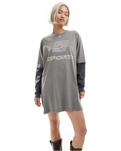 Collusion T-shirt Mini Dress With Double Layer Sleeve And Sports Print - Grey