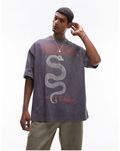 TOPMAN T-shirt ultra oversize avec imprimés serpent et nirvana - délavé - Violet