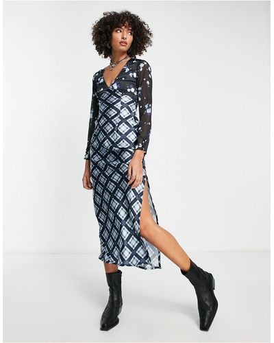 Reclaimed (vintage) Contrast Check And Floral Long Sleeve Midi Dress - Blue