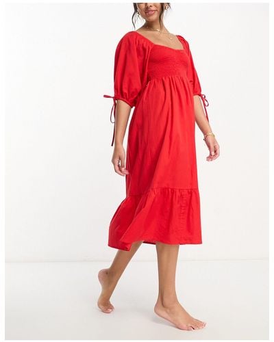 Accessorize Puff Sleeve Textu Midi Beach Summer Dress - Red
