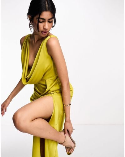 ASOS Satin Cowl Neck Maxi Dress With Ruching Detail - Yellow
