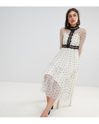 LACE & BEADS Polka Dot Midi Dress With Lace Inserts - Natural