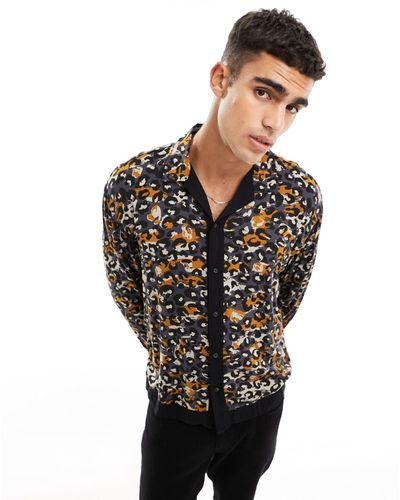 ADPT Oversized Overhemd Met Abstracte Luipaardprint En Rand - Zwart
