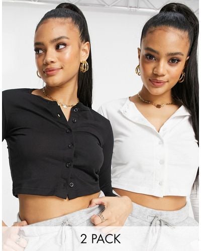 Missguided 2 Pack Long Sleeve Crop Tops With Button Front Detail - Multicolor